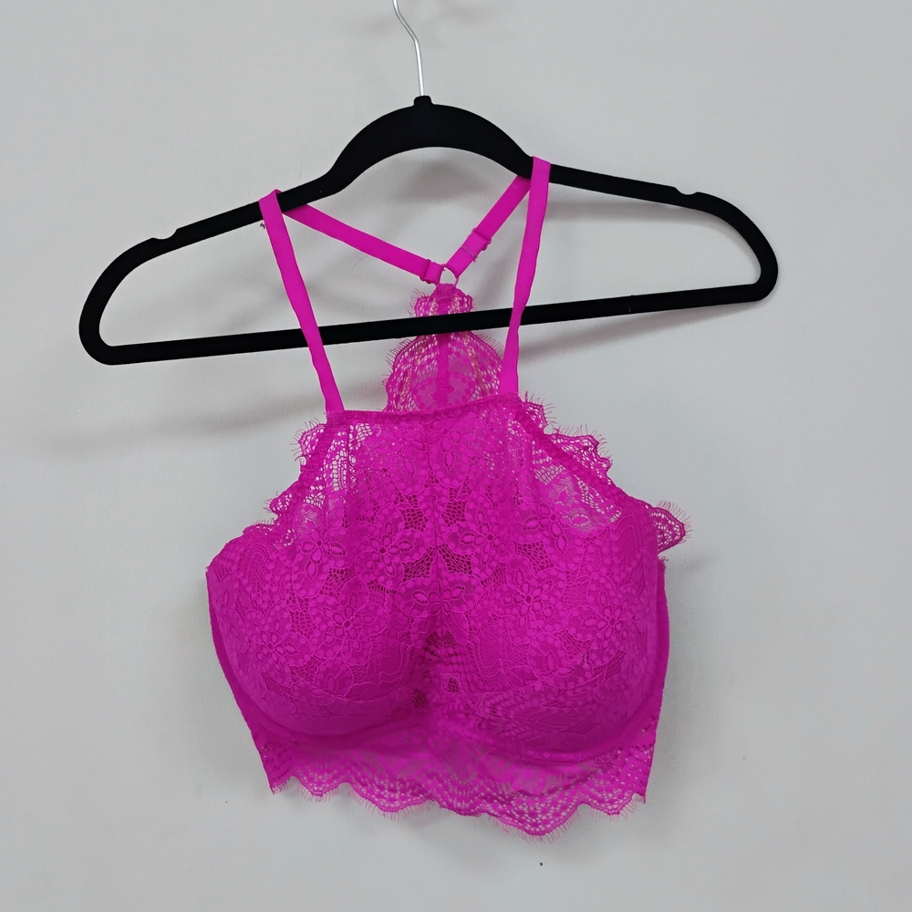 PINK Victoria’s Secret Hot Pink Lace High Neck Racerback Bralette Bra